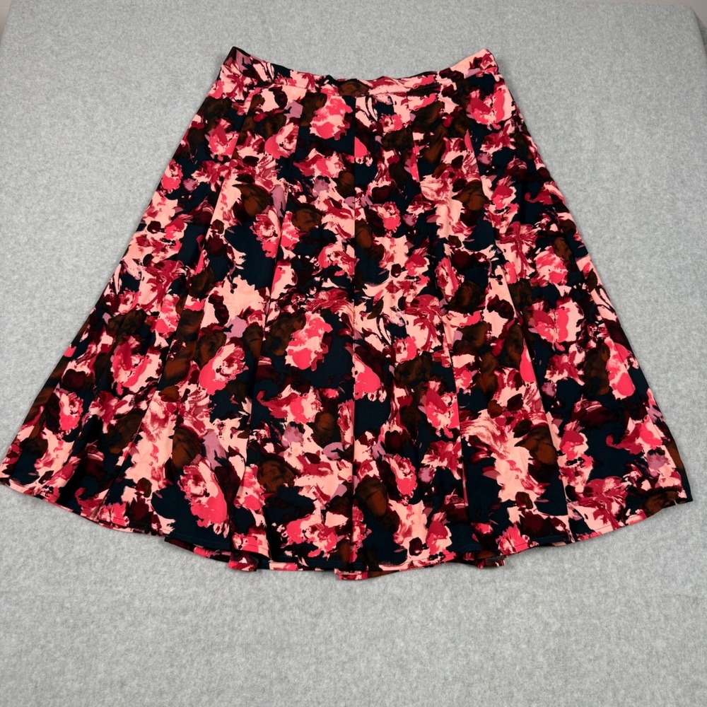 Nine West XXL Pink Red Abstract Floral Pleated A-Line Modest Skirt Knee Length